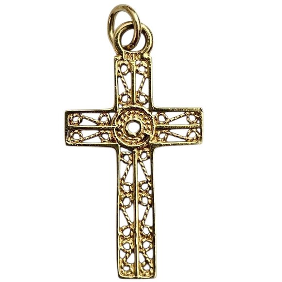 14K Yellow Gold Diamond Chip Filigree Cross Pendant - Picture 6 of 11